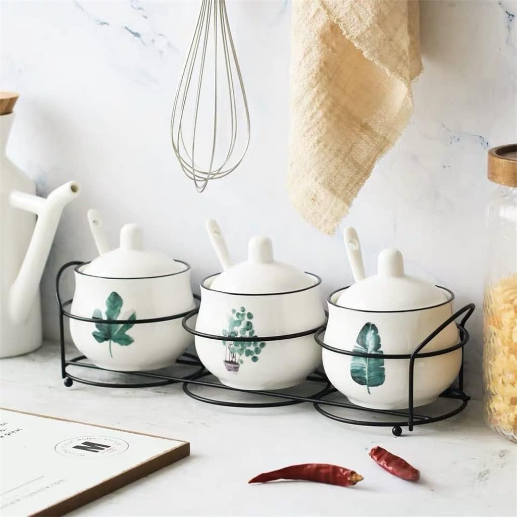 Ceramic Salt and Pepper Shaker Set with Iron Rack – Seasoning Storage Box for Kitchen Compact Spice Organizer Spoon Stylish Functional Accessory