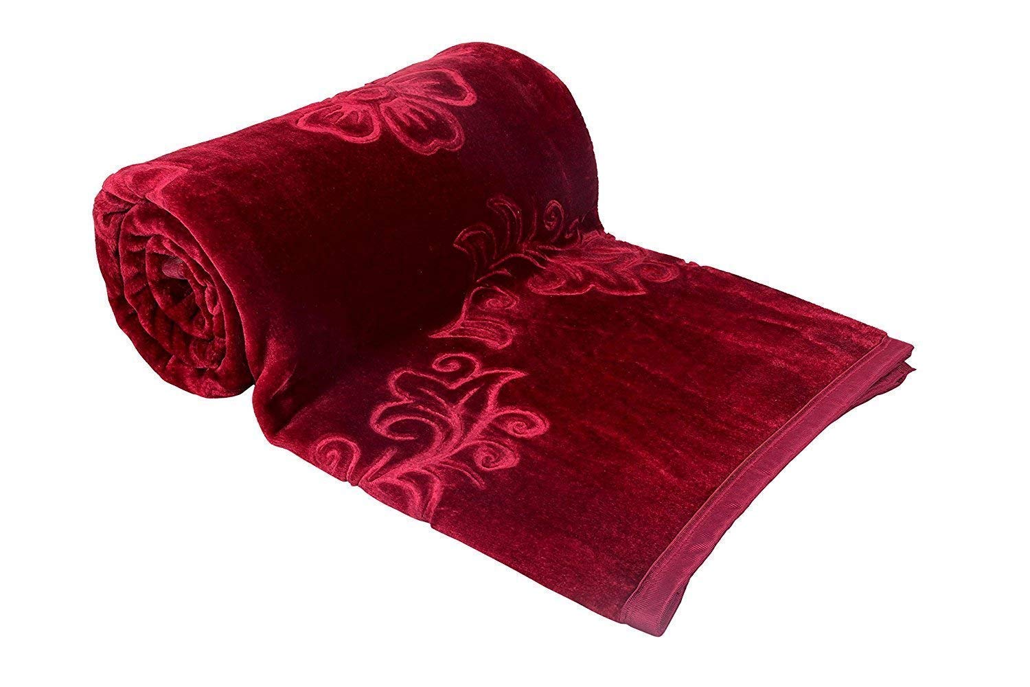 EVERDECOR Embossed Ultra Soft Floral Mink Heavy Winter Blanket (Double Bed, Maroon)