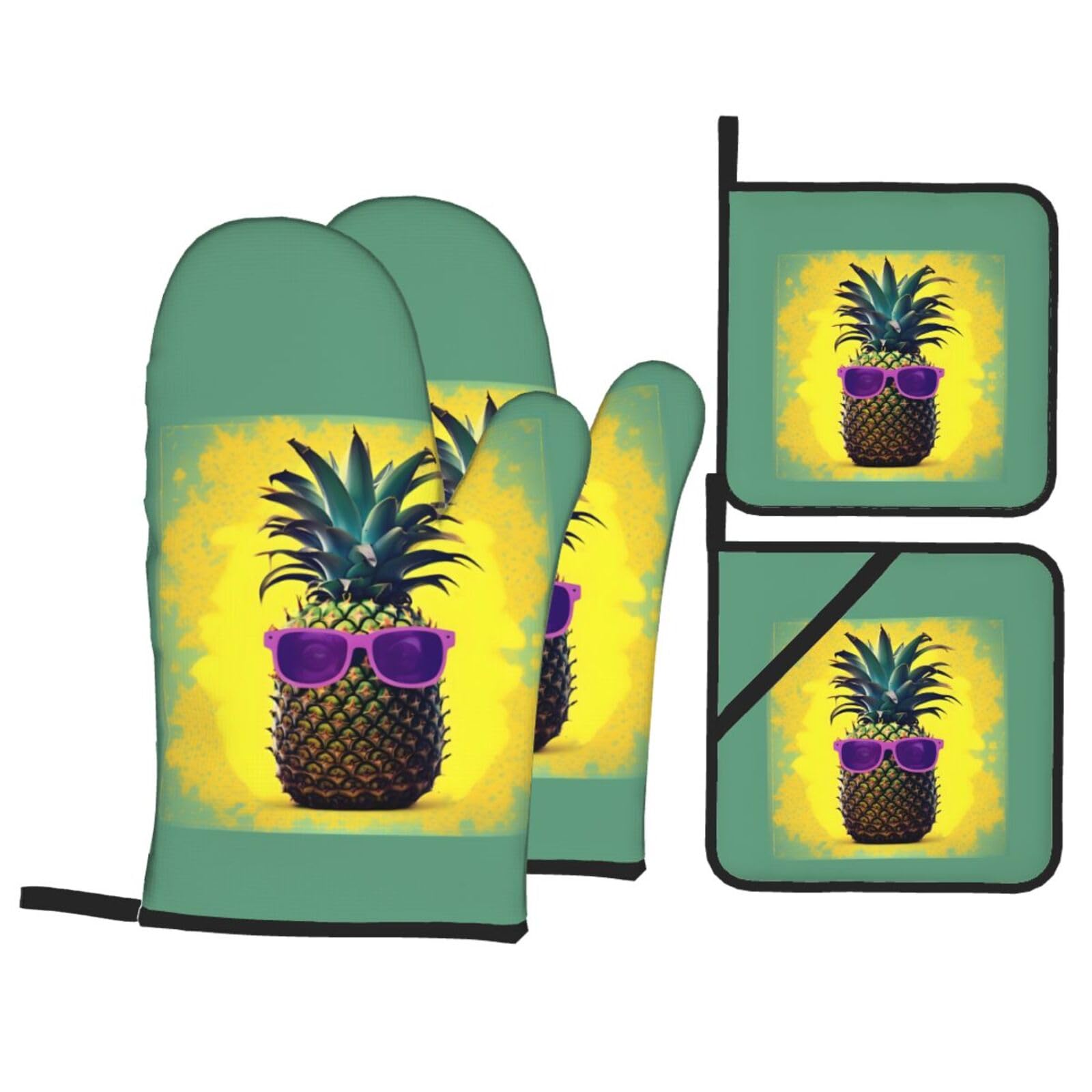 Nimongt Black Psych Pineapple Quote Print Heat-Resistant 4-Piece Oven Kitchen Gloves For Baking Cooking Microwaving Essentials