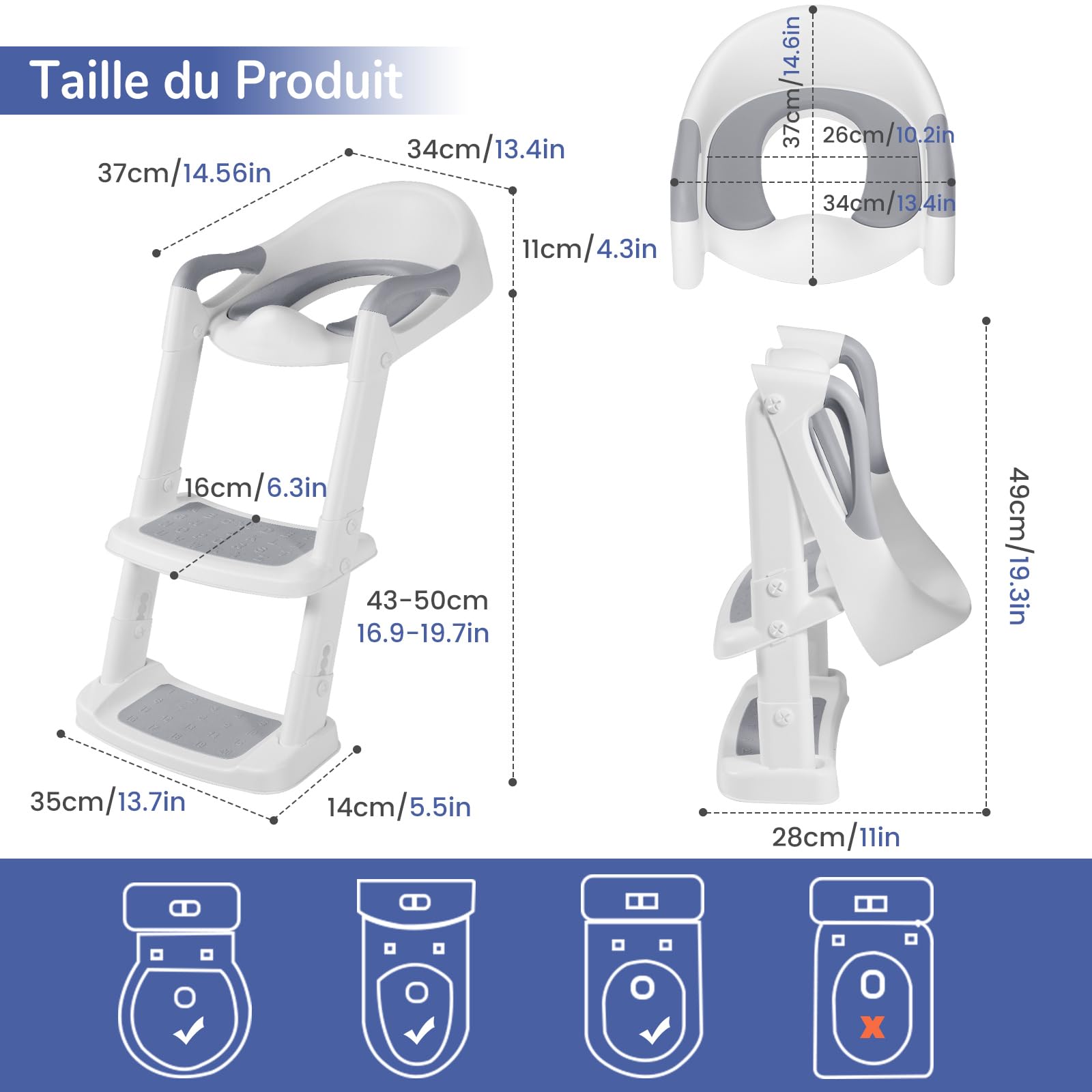 DEANIC Reducteur Toilette Enfant Rehausseur Toilette Enfant avec Marche, Réducteur Toilette Enfant avec PU Coussin Moelleux, Adaptateur Toilette Enfant, Siege Toilette Enfant de 1 à 7 ans (Gris)