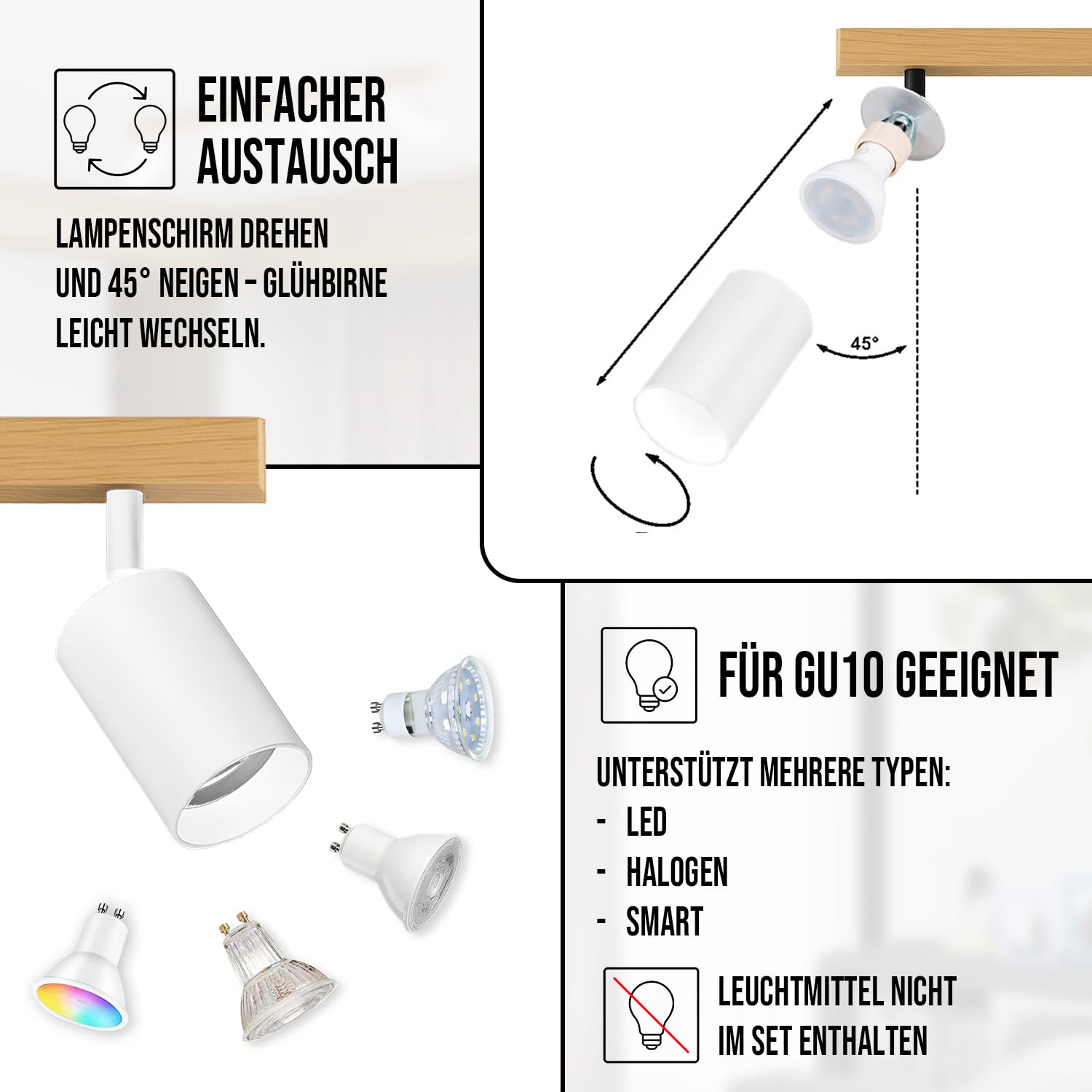 LED Wood Deckenstrahler 3 Flammig Schwenkbar - Handgefertigte Spots Deckenleuchte Modern aus Eiche - Strahler Deckenlampe Holz - GU10 Spotlight Lampe Wohnzimmer (Ohne Glühbirne) - Länge 60 Cm