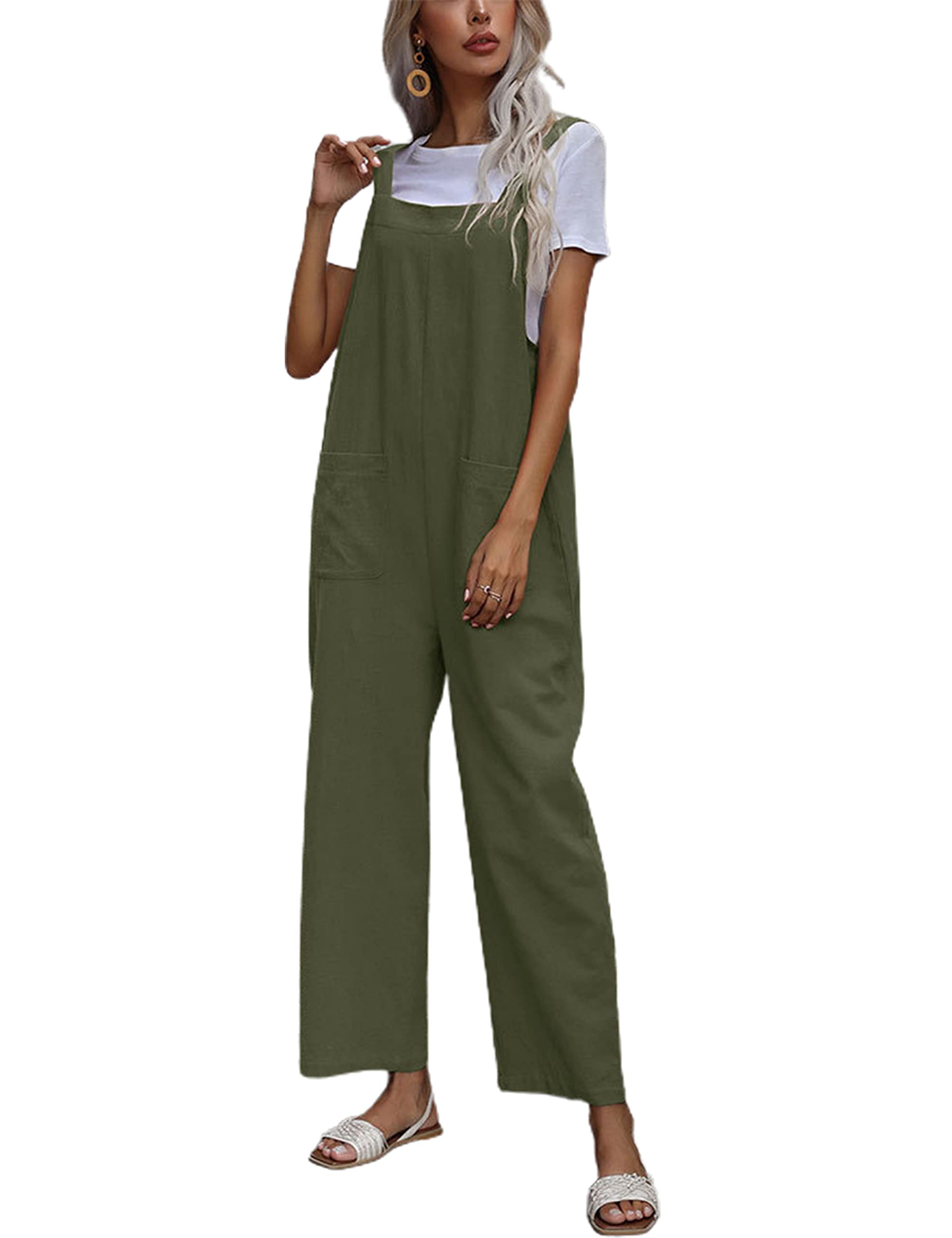 APAFES Women's Fashion Cotton Linen Green Bib Overalls Loose Fit Dual Pocket Jumpsuit Romper