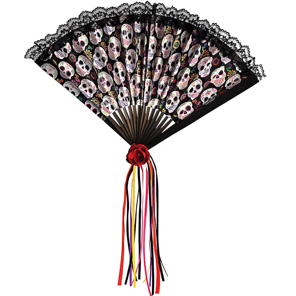 Amscan Black & White Sugar Skull Print with Lace Trim & Red Rose Fan - 9.5" x 16.5", 1 Piece - Perfect for Halloween, Masquerades, Cosplay, and Themed Events