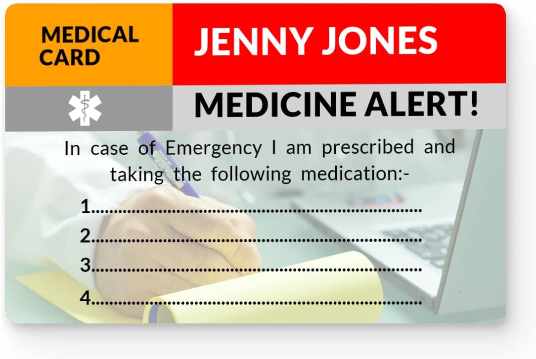 Medicine Alert Card, Personalised Prescription Medication Card, In Case