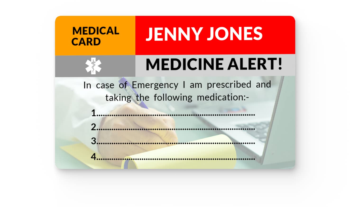Medicine Alert Card, Personalised Prescription Medication Card, In Case of Emergency Medical Awareness