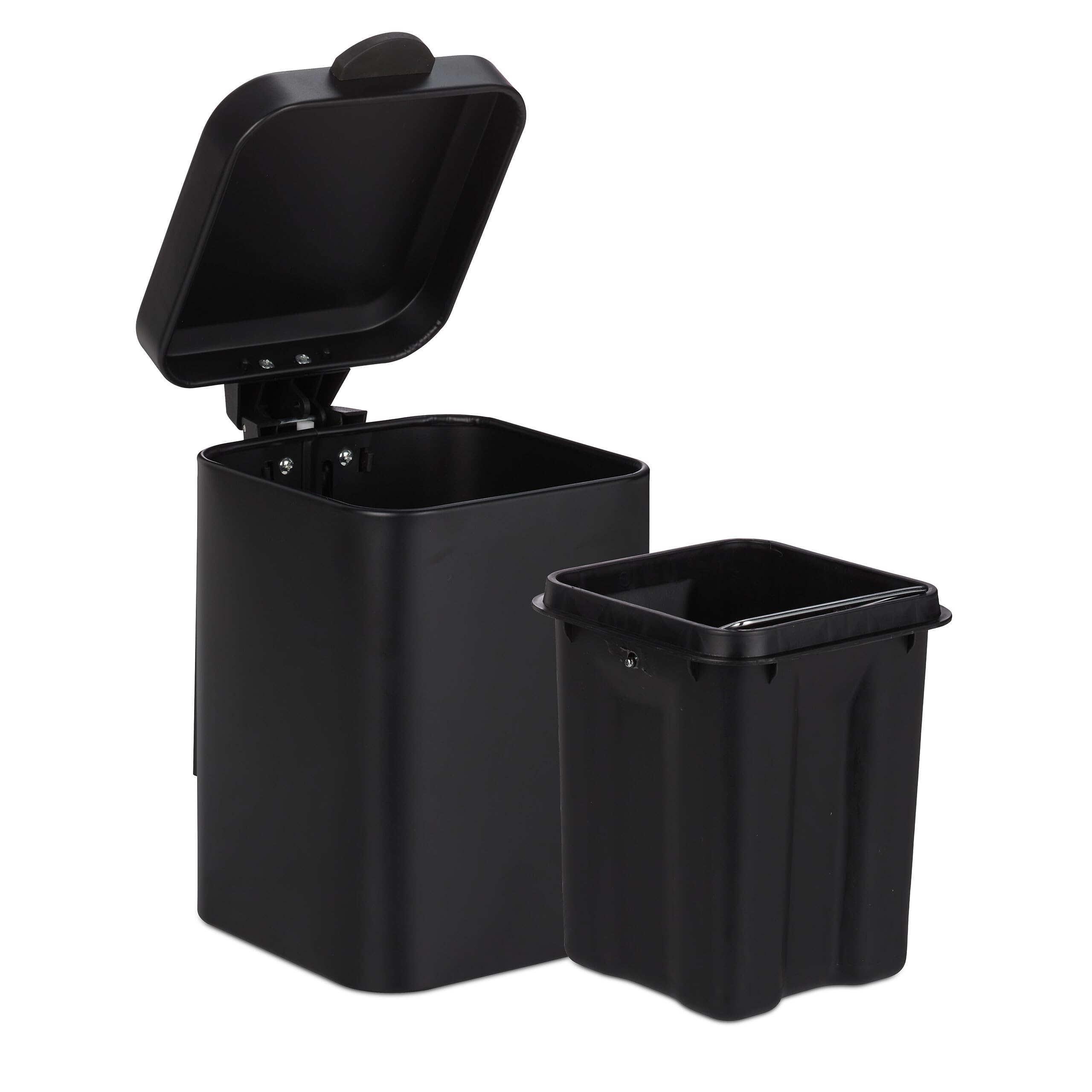 Relaxdays Cubo de Basura Baño 6 litros, Papelera Aseo Cierre Suave, Basurero Servicio, Bote Cuadrado Metal, Negro