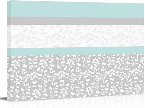 Aqua Grey Wall Decor for Living Room Bedroom, Chic Garden Floral Stripe Embroidery Design Bathroom Canvas Wall Art Aesthetic Modern, Kitchen Office Wood Oil Painting Pictures Decor 24"x16"