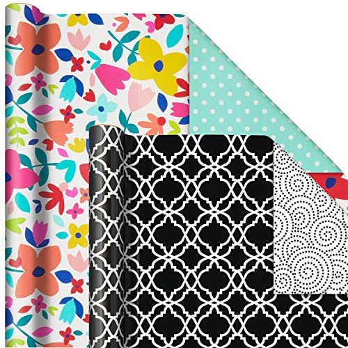 Hallmark Reversible Wrapping Paper Bundle (6 Rolls: 195 Square Feet Total) Flowers & Polka Dots, Black And White, Pink And Blue For Birthdays, Weddings, Valentine's Day, Mother's Day, Baby Shower #TOP3