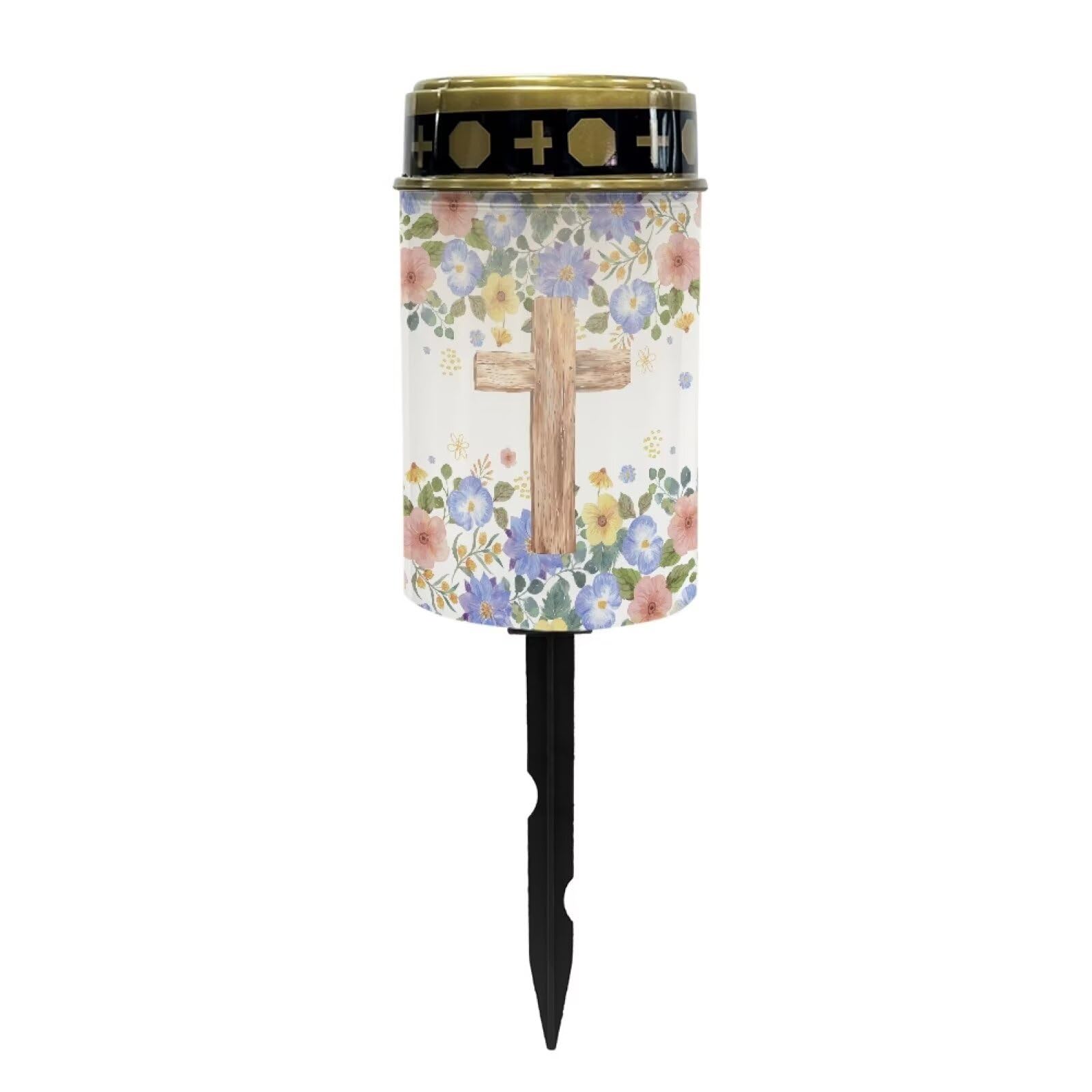 Poceacles Cross Outdoor Solar Lights Solar Garden Lights Cemetery Solar Lights Water Resistant Pillar Candle Solar Garden Stake Lights for Cemetery Grave Decorations, Flower Leaf Cross