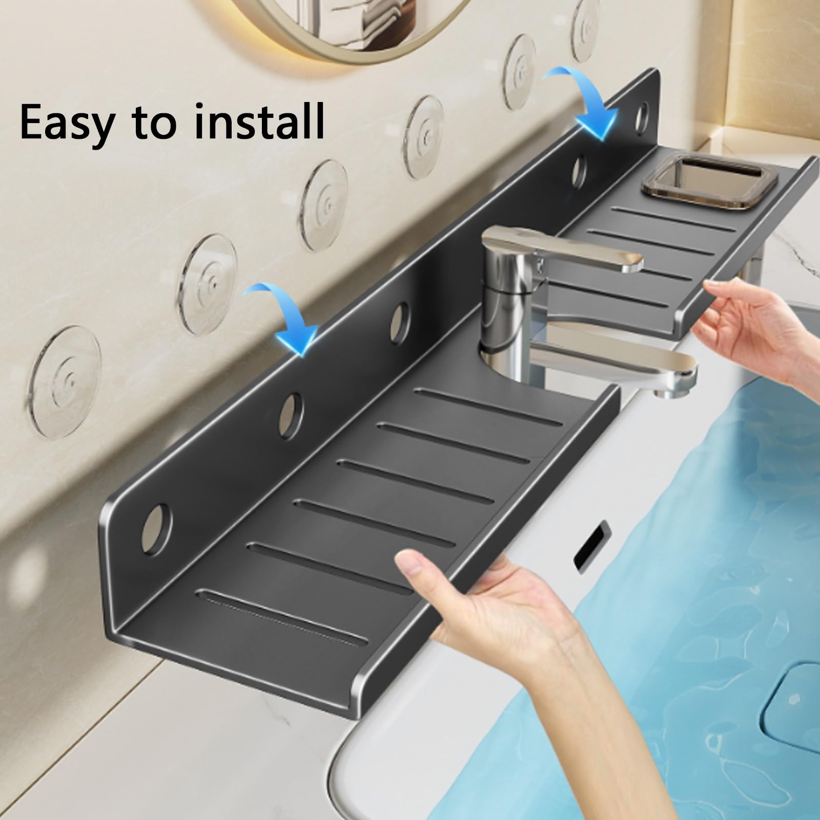 Mensola Portaoggetti A Ventosa per Lavandino Del Bagno, Ripiano Sopra Il Rubinetto, Struttura Stabile e Resistente, Design Traforato, Installazione Senza Fori(Large)