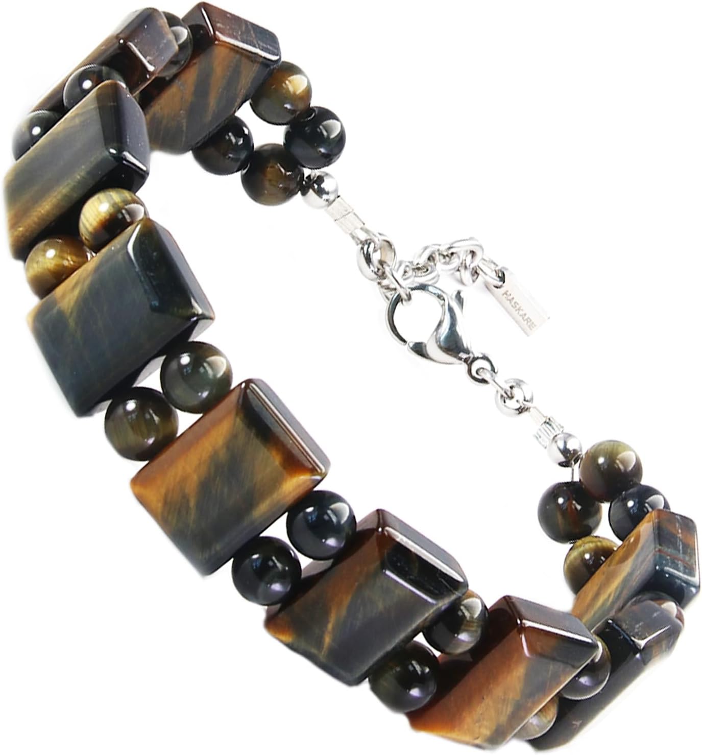 HASKARE Protection Crystals Mens Tiger Eye Bracelet, Natural Stone Men Beads Bracelet with Durable Steel Wire Clasp Gift for Father