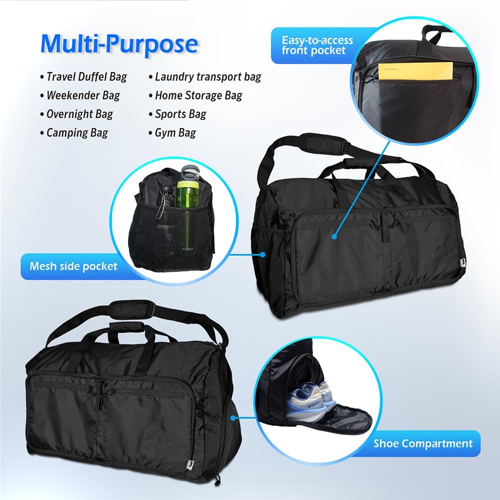 90L Foldable Duffle Bag, Shoe Storage Bag Design, Multiple Pockets, Large Storage Capacity,Duffle Bags For Travel (Black) - Image 2