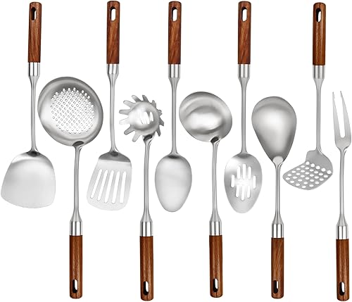 Juego de utensilios de cocina de acero inoxidable con mango de madera, juego de utensilios de cocina de metal de 10 piezas, utensilios de cocina de