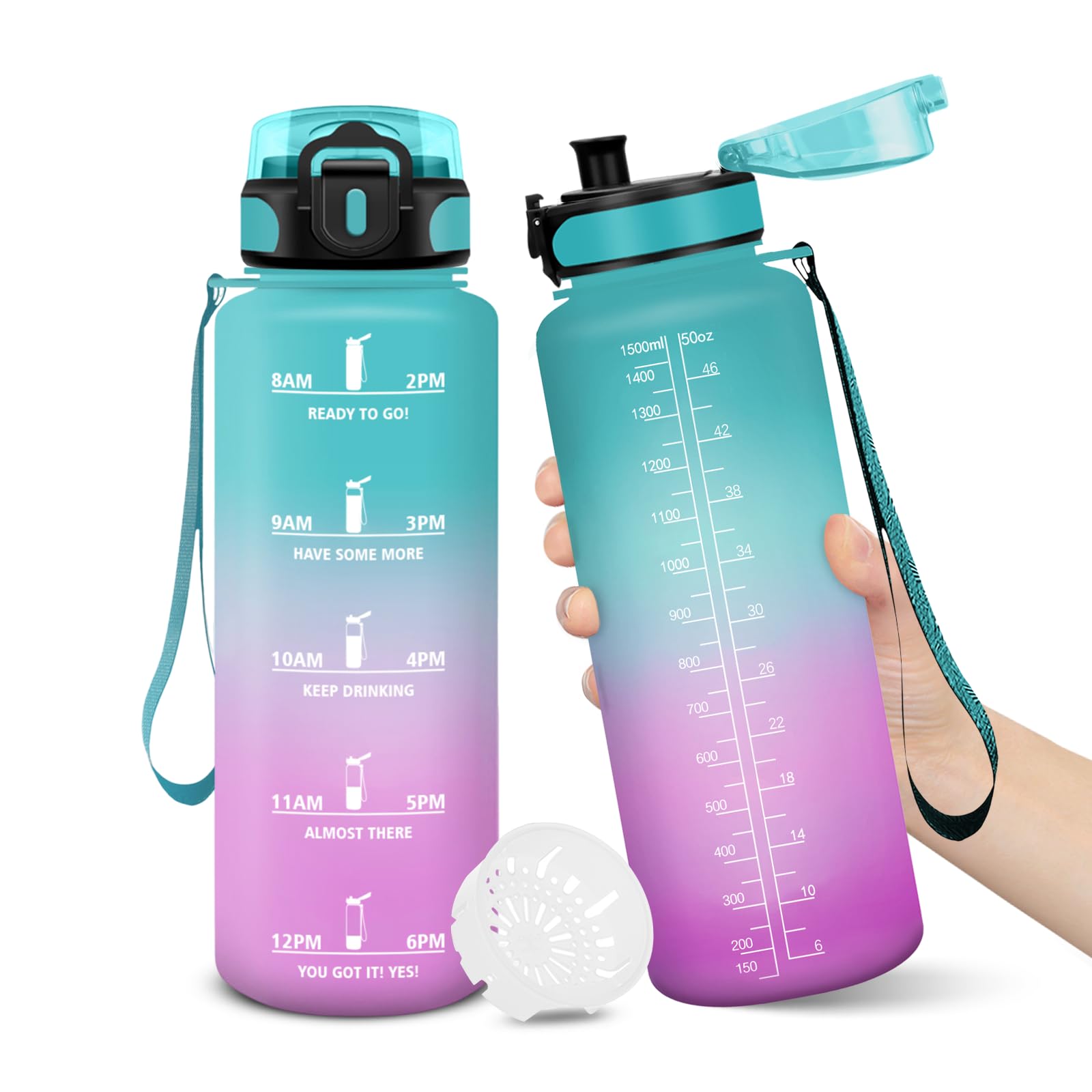 Borraccia, 1500ML Senza BPA, Borraccia Bambini, Design della serratura a prova di perdite, Borraccia Motivazionale, Con marca temporale, Bottiglia Acqua per Yoga, Scalare Montagne - Verde Polvere