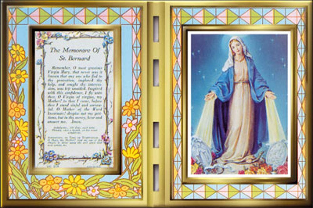 Cbc Yellow Memorare Prayer And Miraculous Mary Photo In A Stained Glass Plaque