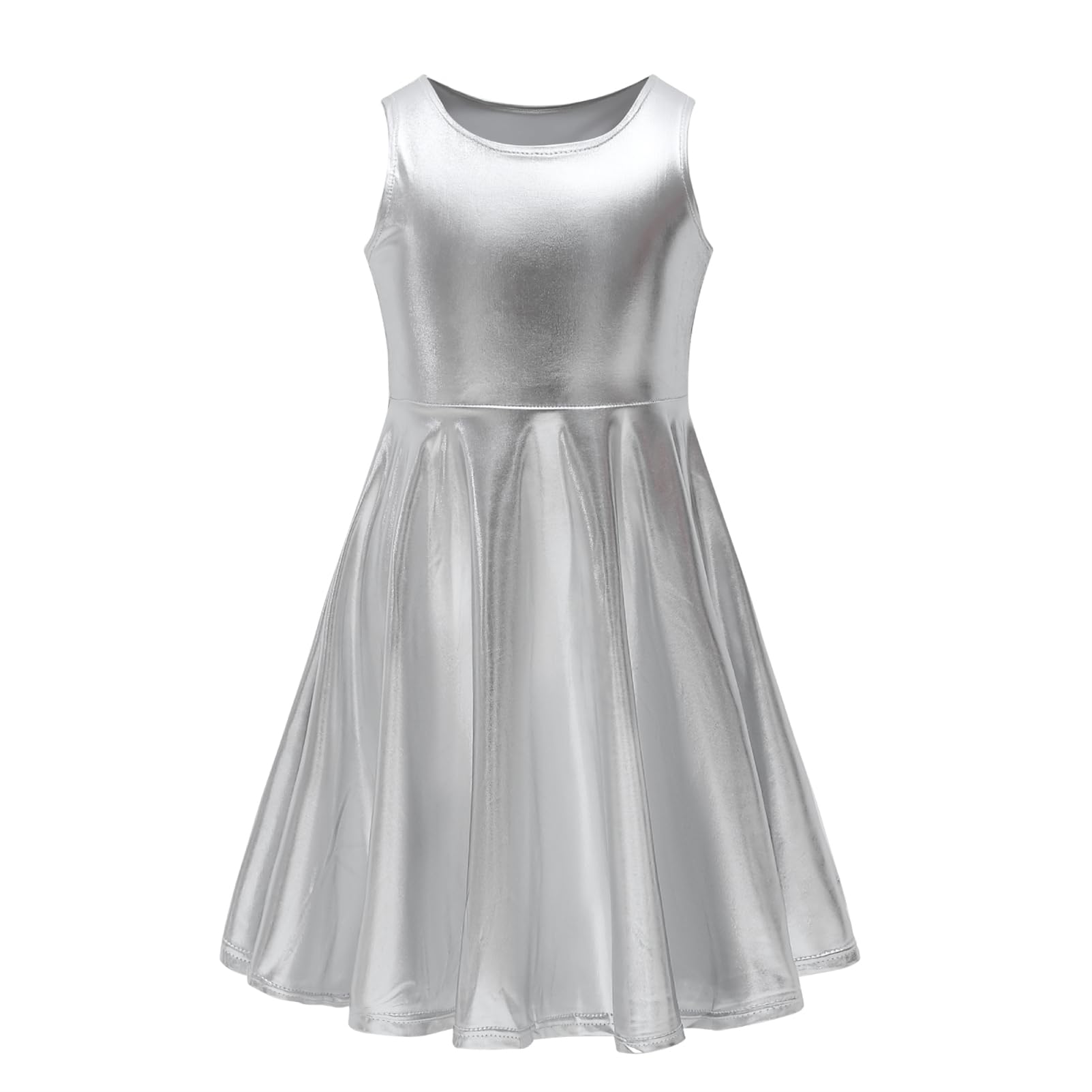 Shekavarld Girls Metallic Dress Kids Sparkly Shiny Dresses Twirl Swing Dresses