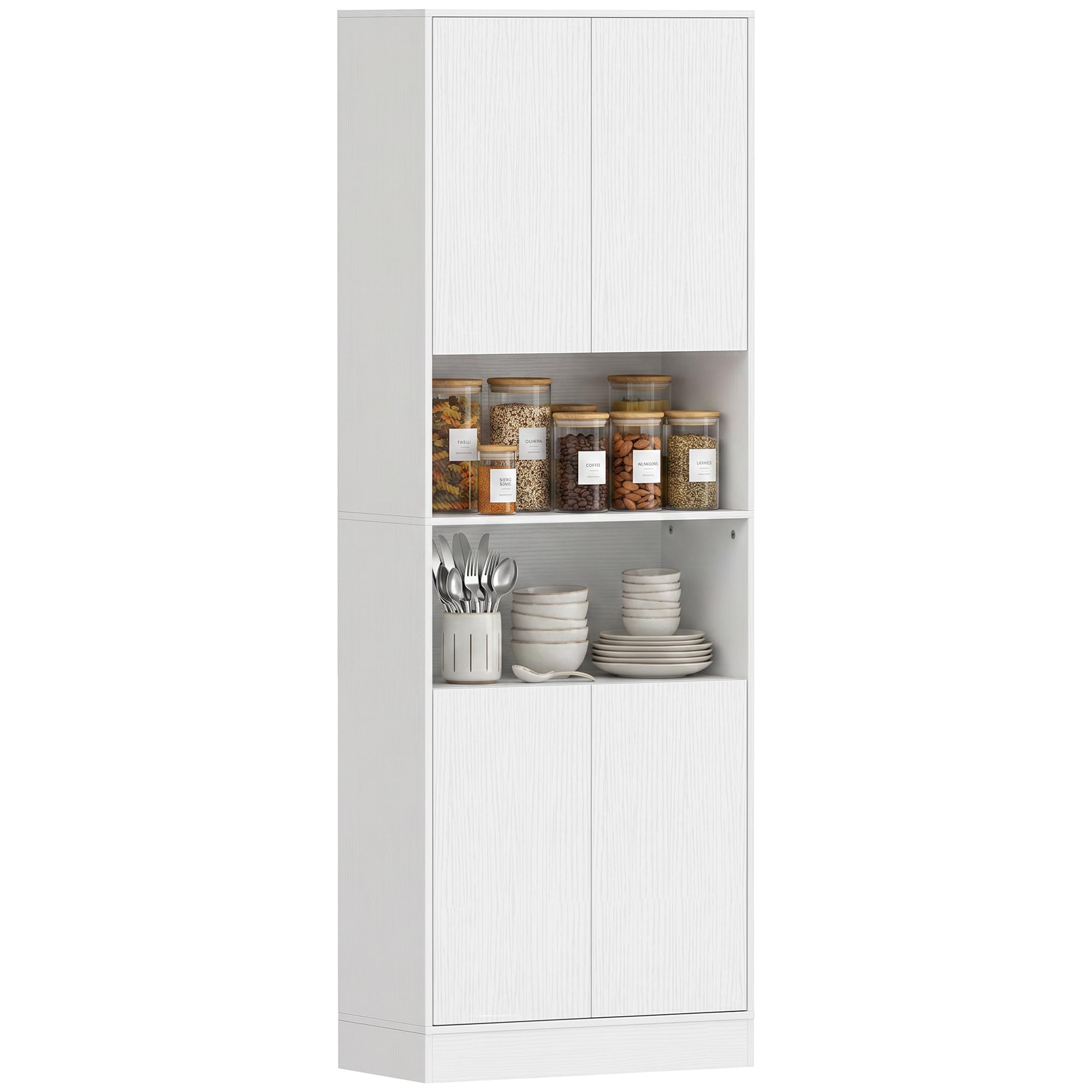 HOMCOM Alacena de Cocina Alta 4 Puertas, Cierre Suave 60x30x170 cm Blanco | Mueble Auxiliar de Cocina, Estantes Ajustables, 2 Compartimentos Abiertos, para Comedor, Salón
