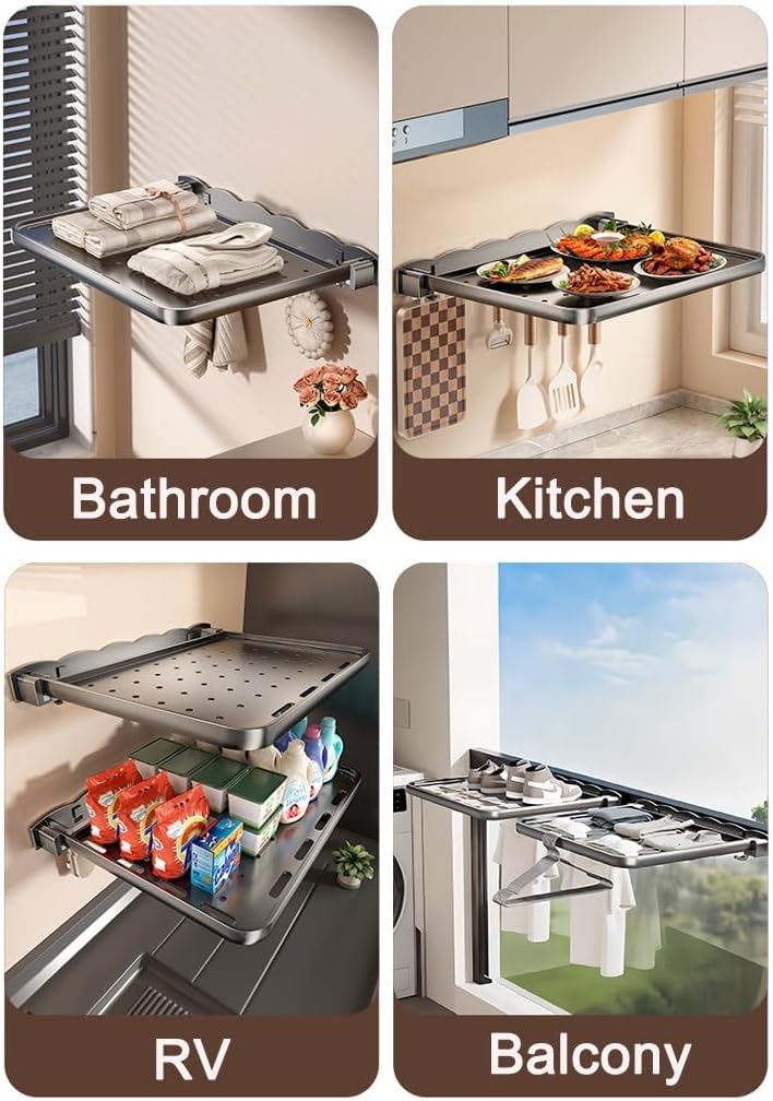 Folding Bathroom Wall Shelf, 6-Shelf Modern Aluminum Foldable Shelf, 15.7"L x 12.4"W x 4"H, Wall Mounted, For Bathroom, Kitchen, RV, Camper, Balcony