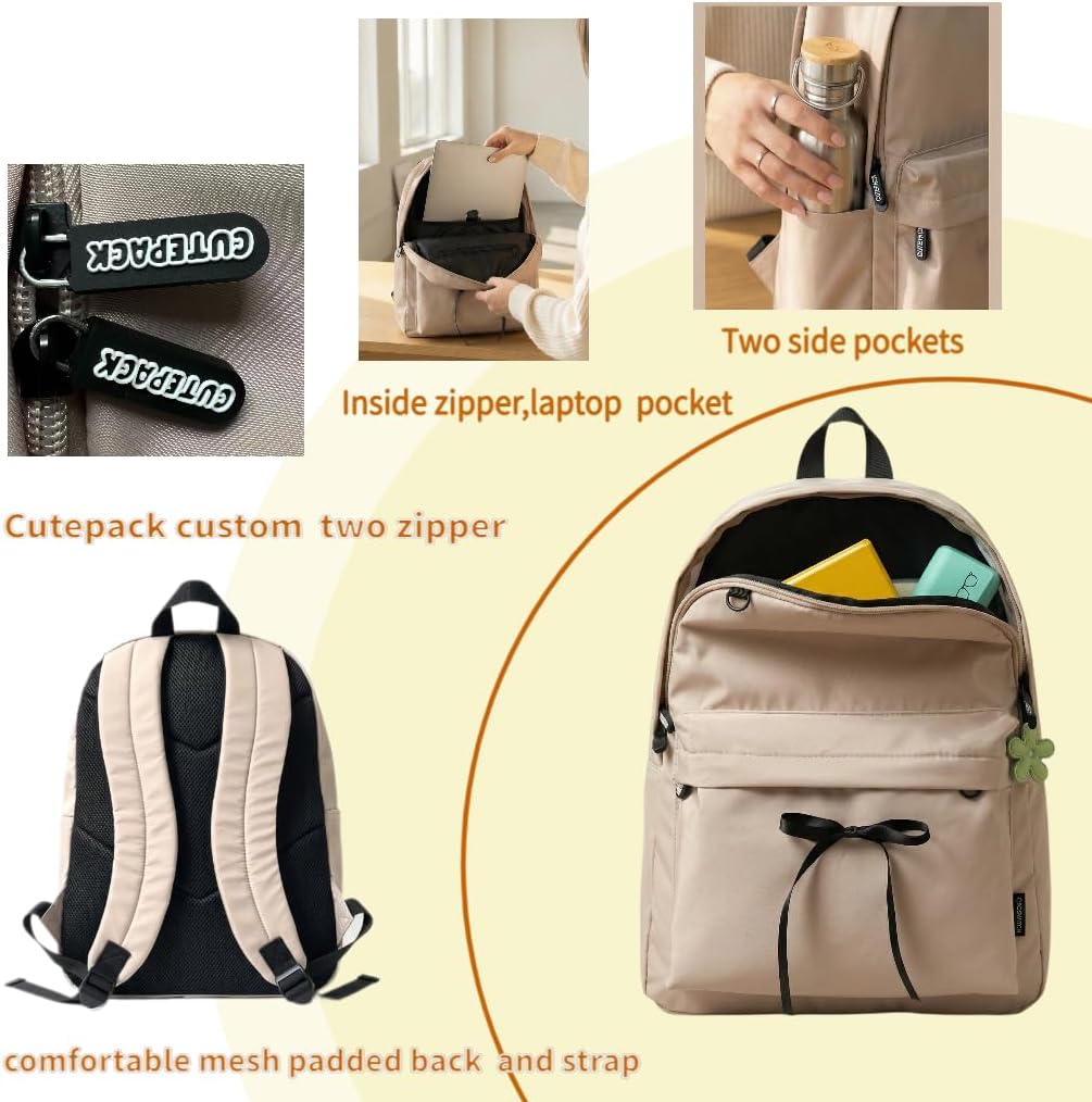 Cute Beige Aesthetic Backpack for Women,College Coquette Laptop Bow Backpack,Elegant Simple Mordern,Plain Water Resistant Medium Size Bookbag for Women (BOW)