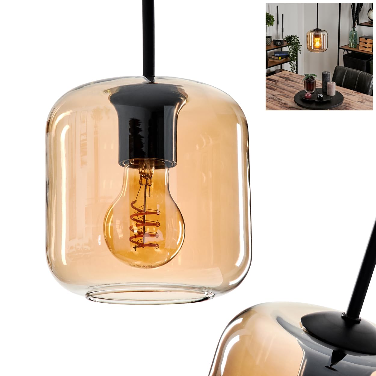 Hanging lamp Lauden, Hanging lamp of Metal/Glass in Black/Amber, lampshade of Glass (Ø 15 cm), Height max. 150 cm, 1 x E27, Without Bulb