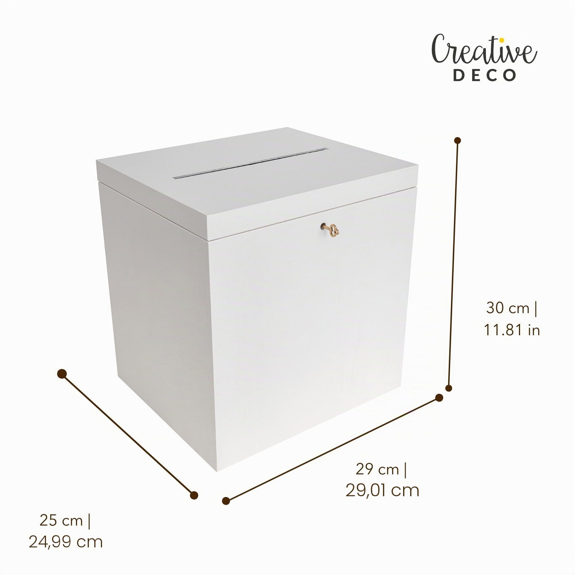Creative Deco Weiße Holzkiste mit Deckel Kartenbox Hochzeit | 29x25x30 cm | Geldgeschenke Holzbox mit Schlitz, Schloss und Schlüssel Geschenkkarten Box Geldbox Briefbox Kasten | Lagerung Spendenbox