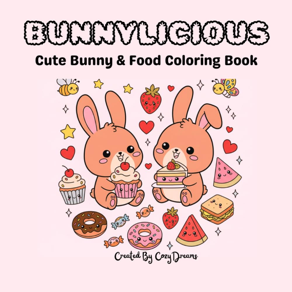 Bunnylicious: Cute Kawaii Bunny & Food Coloring Book for Adults & Teens: Bold & Easy Adorable Rabbits, Sweet Desserts & Cozy Drinks for Stress Relief and Relaxation