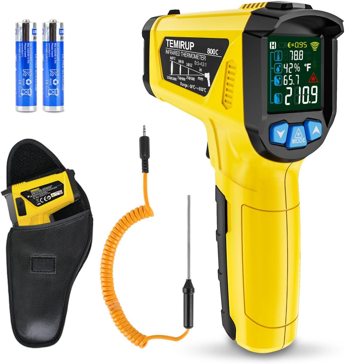 Infrared Thermometer Gun -58°F to 1472°F, Digital Temperature Gun/K-Type Probe -14°F~932°F, Humidity Sensor, IR Laser Temp Gun with Color LCD for Cooking Pizza Oven BBQ HVAC Home-Industrial