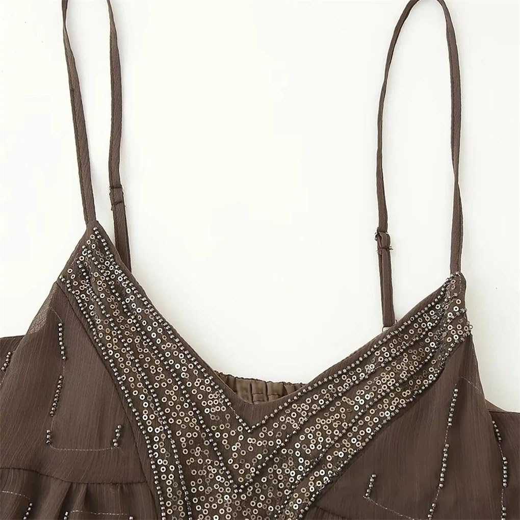 Vestido casual suelto de malla para mujer, cuello en V, sin mangas, cintura alta