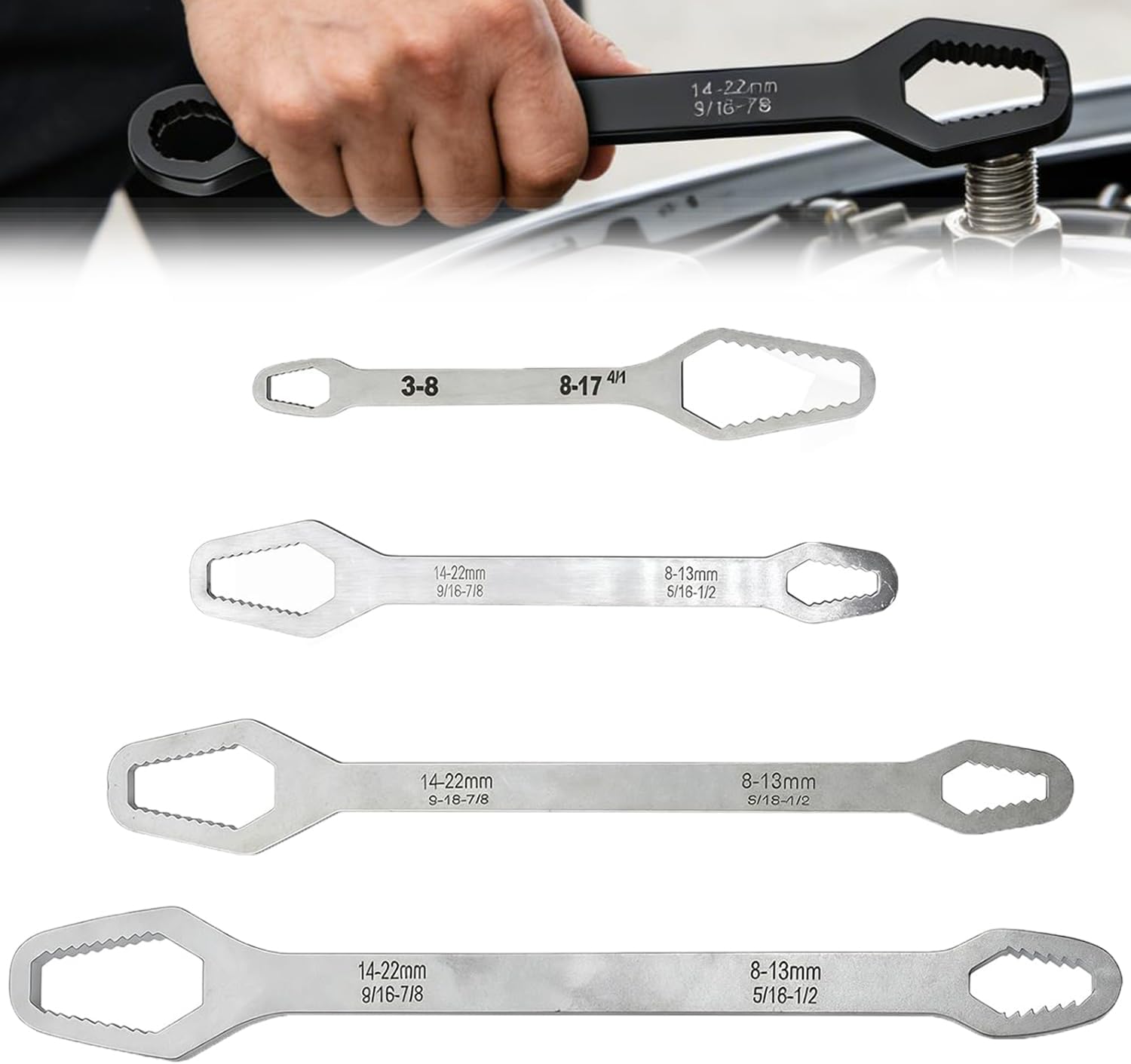 Universal Double Ended Wrench, Self Adjusting Universal Wrench 3mm-22mm, Multi-Function Double Head Adjustable Wrench for Nuts & Bolts, Hand Tool for Auto Repair, Home Maintenance (Silver)