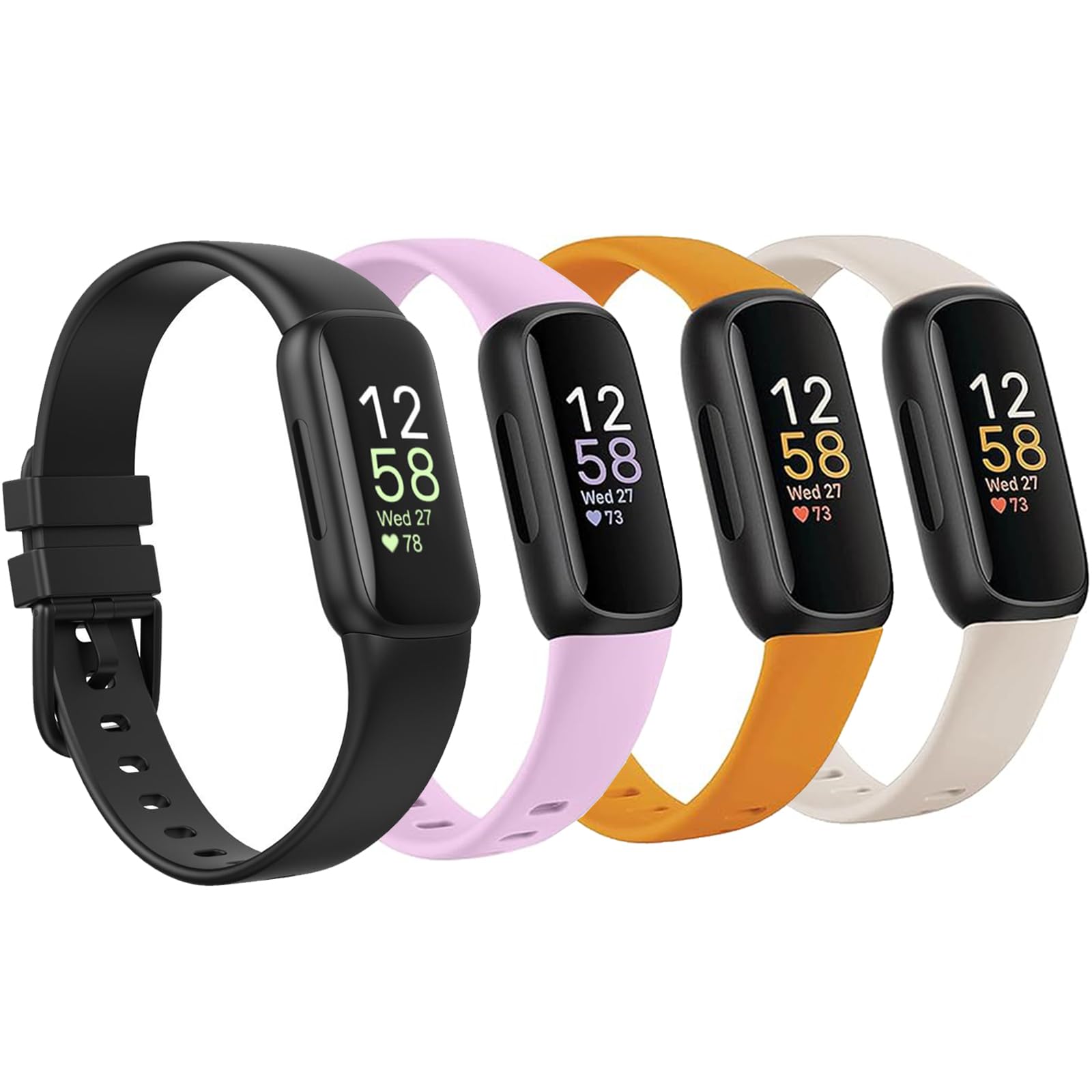 Newremote 4 Pack Waterproof Straps fit for Fitbit inspire 3 Straps for Women Men, Classic Soft Sports Replacement Strap for Women Men (Black/Purple/Yellow/Starlight, Small 5.5"-7.1")