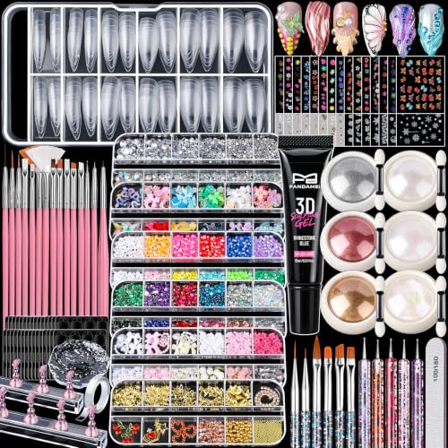 FANDAMEI Nail Art Kit, 3D Gel Kit 15g 3D Sculpting Gel, Chrome Nail Powder, Design Tools with Nail Brushes, Nail Stand, Fake Nail Set Almond Nail Tips, Nail Charms and Gems Rhinestones Supplies Set