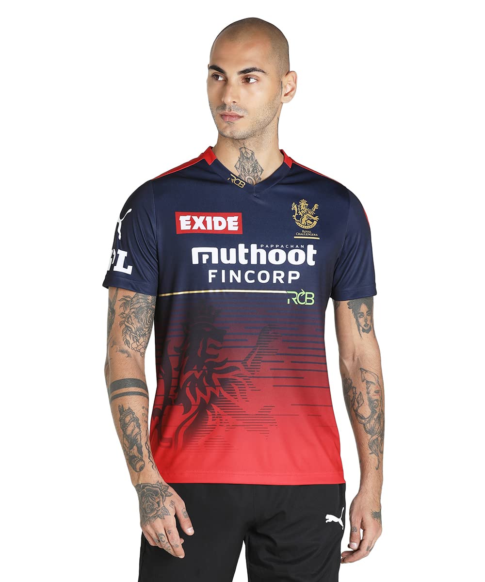 Puma Men's Letter Print Regular Fit T-Shirt, Navy Blazer-Flame Scarlet, M