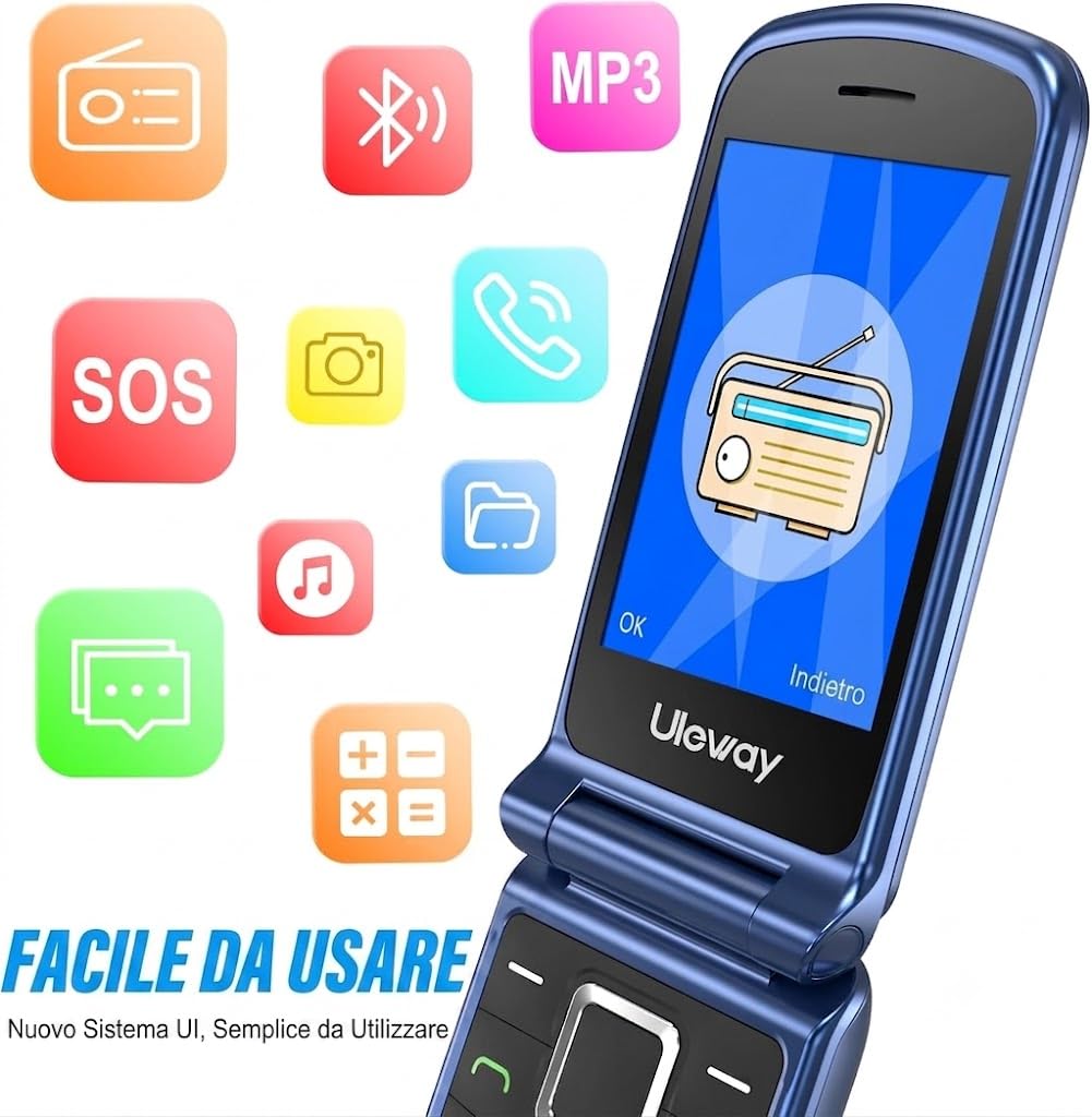 CHAKEYAKE Telefono Cellulare per Anziani con Tasti Grandi, Telefono Senior Dual SIM, Display Doppio 2.4'' + 1.77'', Volume Alto, Tasto SOS, Base di Ricarica, Fotocamera, Sbloccato, Blu