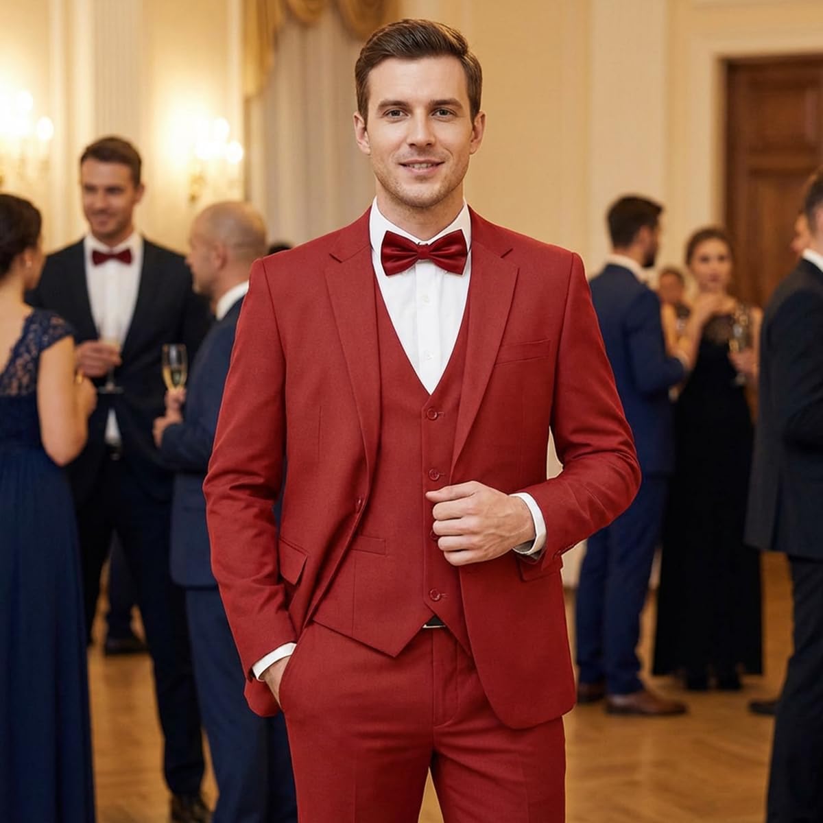 Men's 3-Piece Slim Fit Suit with Bow Tie, Single Button Blazer Vest Pants Set for Wedding Business, Formal Suit for Men - Image 3
