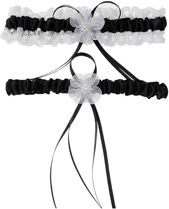 Brides Wedding Garter with Pearls Lace Bowknot Satin Garter Belt Set 2-piece