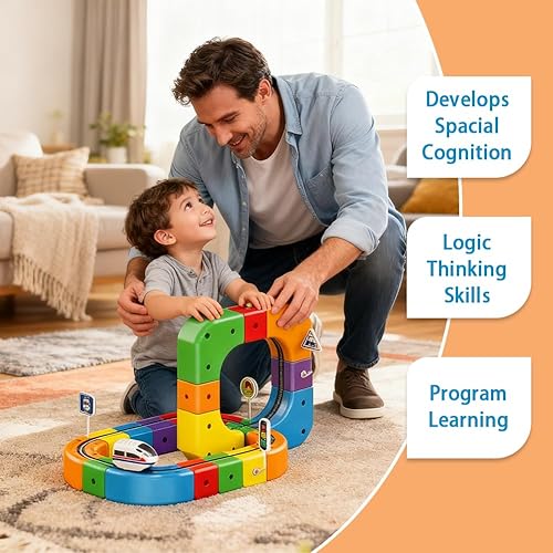Vista 5 de klick Rail - Juego de tren eléctrico Cubo de tren mágico de juguetes, pista de bricolaje con señales de tren y tráfico, diseños 3D y coche