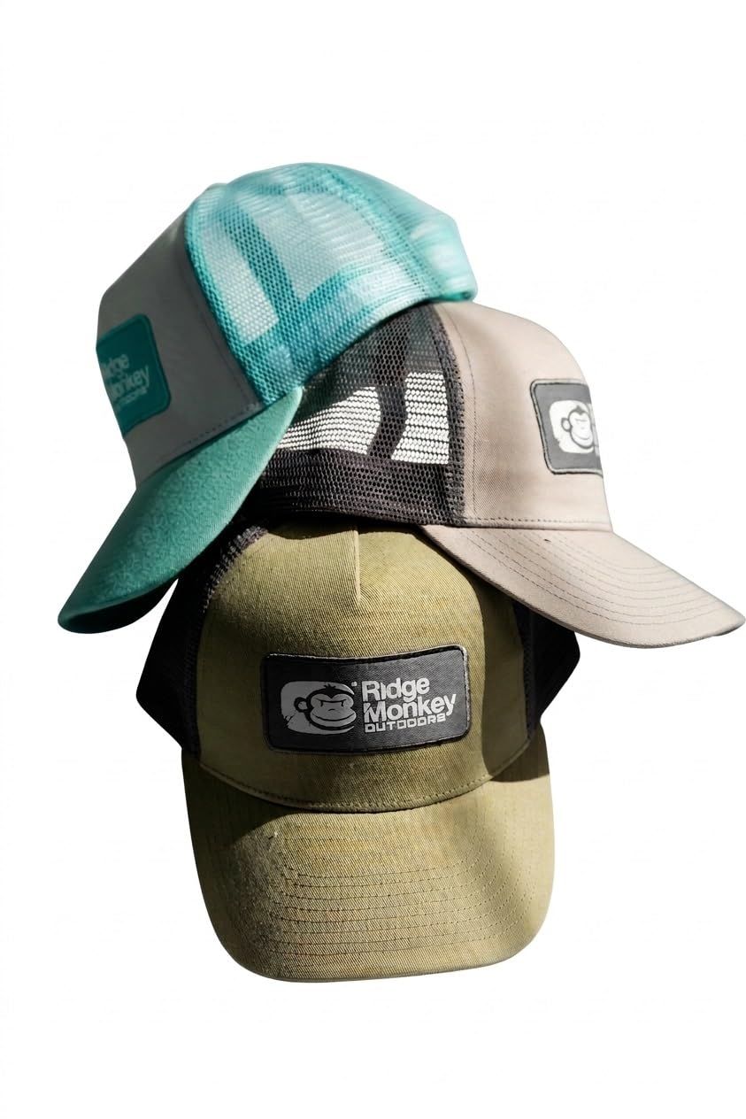 Ridgemonkey Outdoors Stack Logo Badge Trucker Cap – Breathable Mesh Snapback Hat for Men & Women, Sun Protection Curved Brim Baseball Cap with Moisture-Wicking Sweatband (Green/Khaki)
