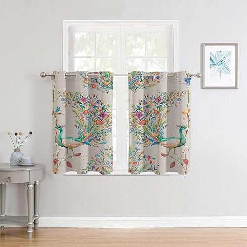 Miniatura 2 de Cortinas para Habitacion Cortinas para Habitacion Blackout Acuarela Pavo Real y Flores, Cortina Separadora Corta Aislada para Puerta 63 Pulgadas De