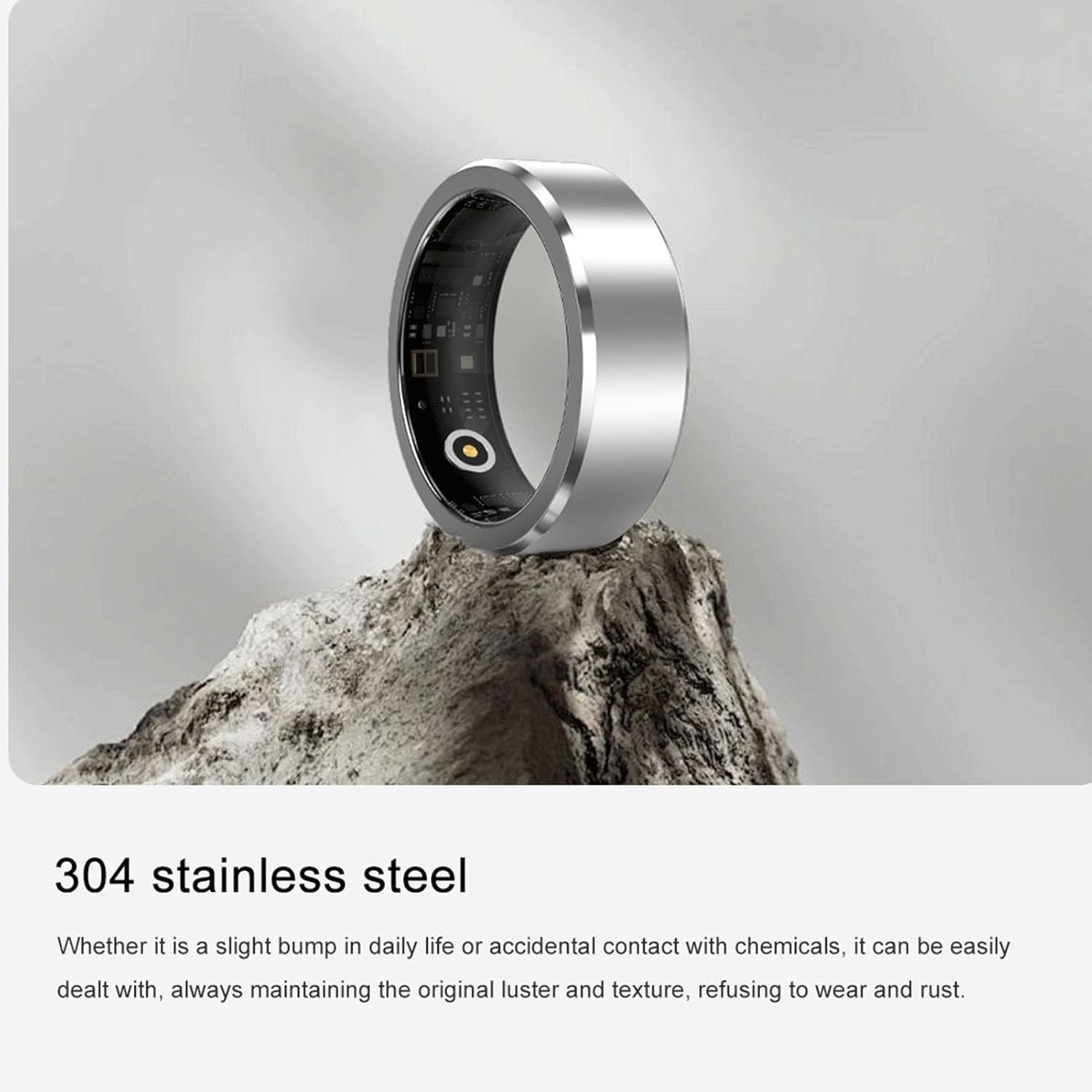 A silver Cuifati Smart Ring resting on a rock, with text indicating it is made of 304 stainless steel.