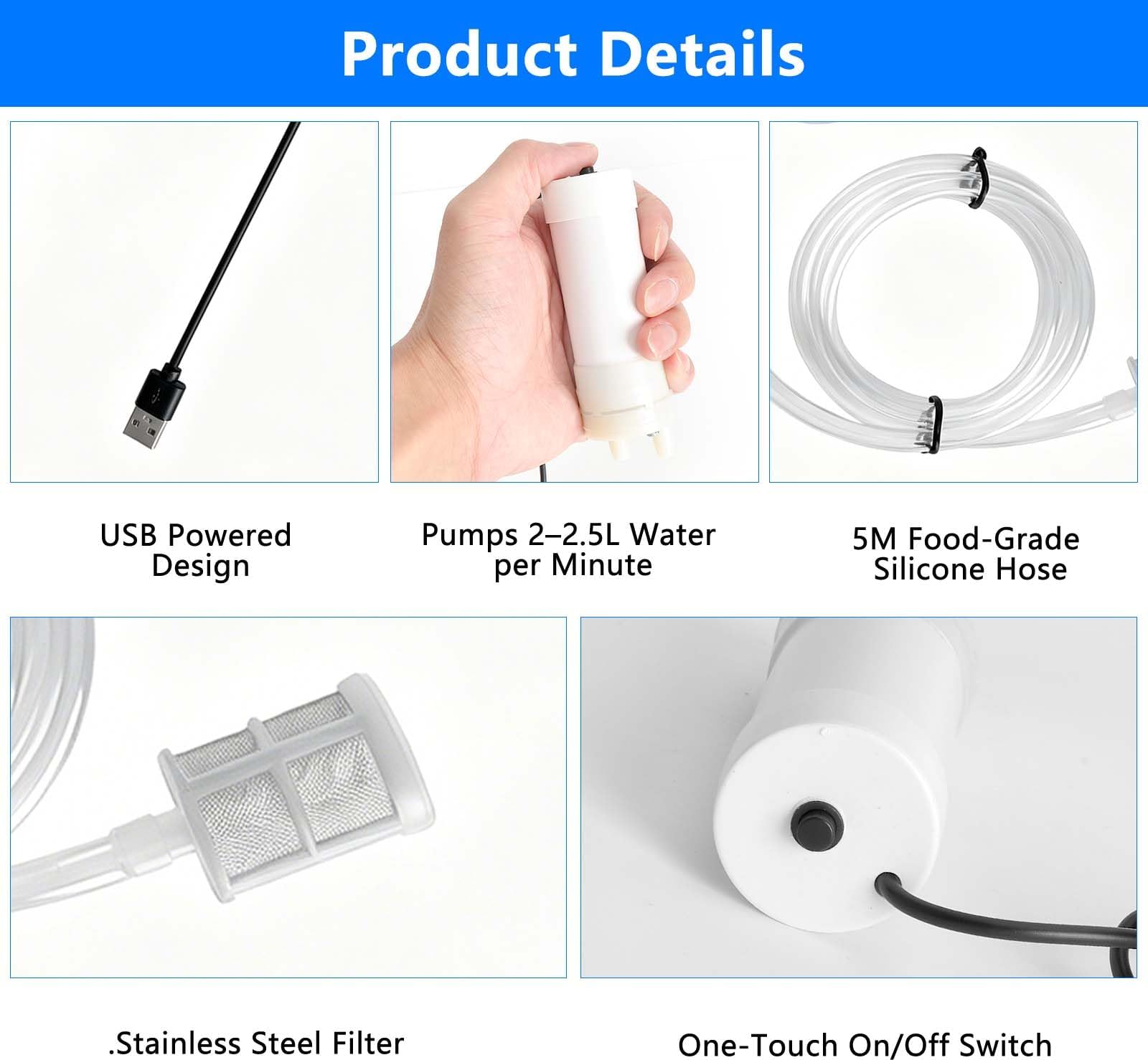 HENGBIRD Mini pompa wodna USB 5 V, samozasysająca, z wężem silikonowym o długości 5 m i filtrem ze stali nierdzewnej, elektryczna pompa do akwarium, nawadniania ogrodu i transferu wody