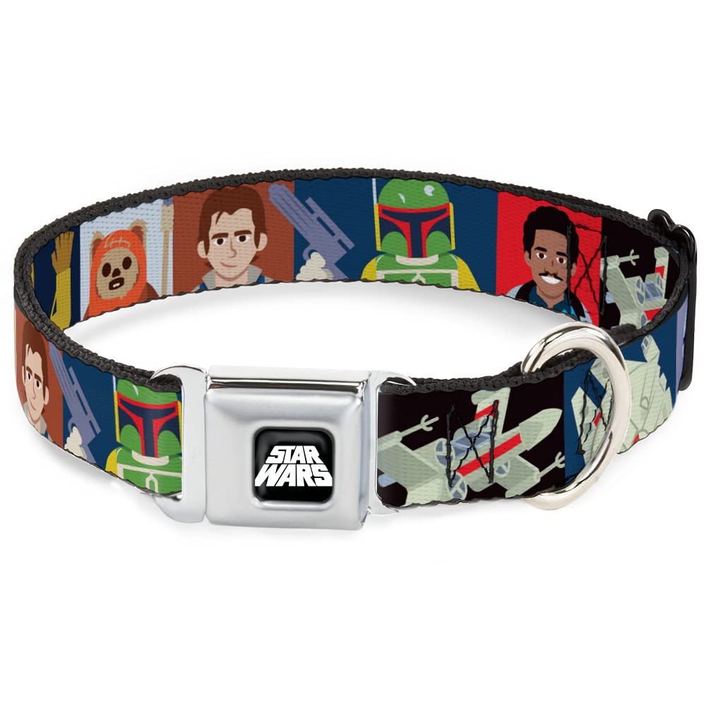 Star Wars Pet Collar, Dog Collar Metal Seatbelt Buckle, Star Wars Classic Character Pose Blocks Multi Color, 15 to 24 Inches 1.0 Inch Wide