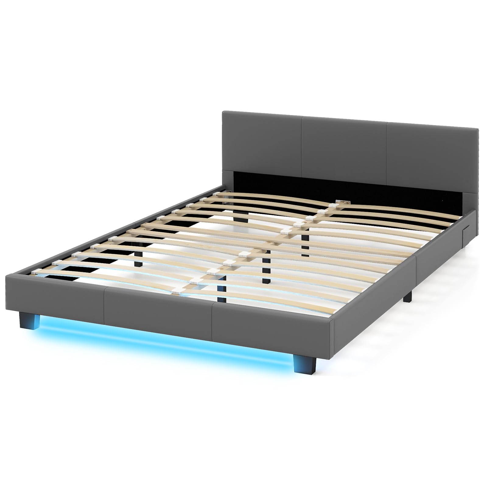 COSTWAY Łóżko z oświetleniem LED, 140 x 200 cm, rama łóżka tapicerowanego ze stelażem, rama łóżka podwójnego z zagłówkiem ze sztucznej skóry (kolor szary)