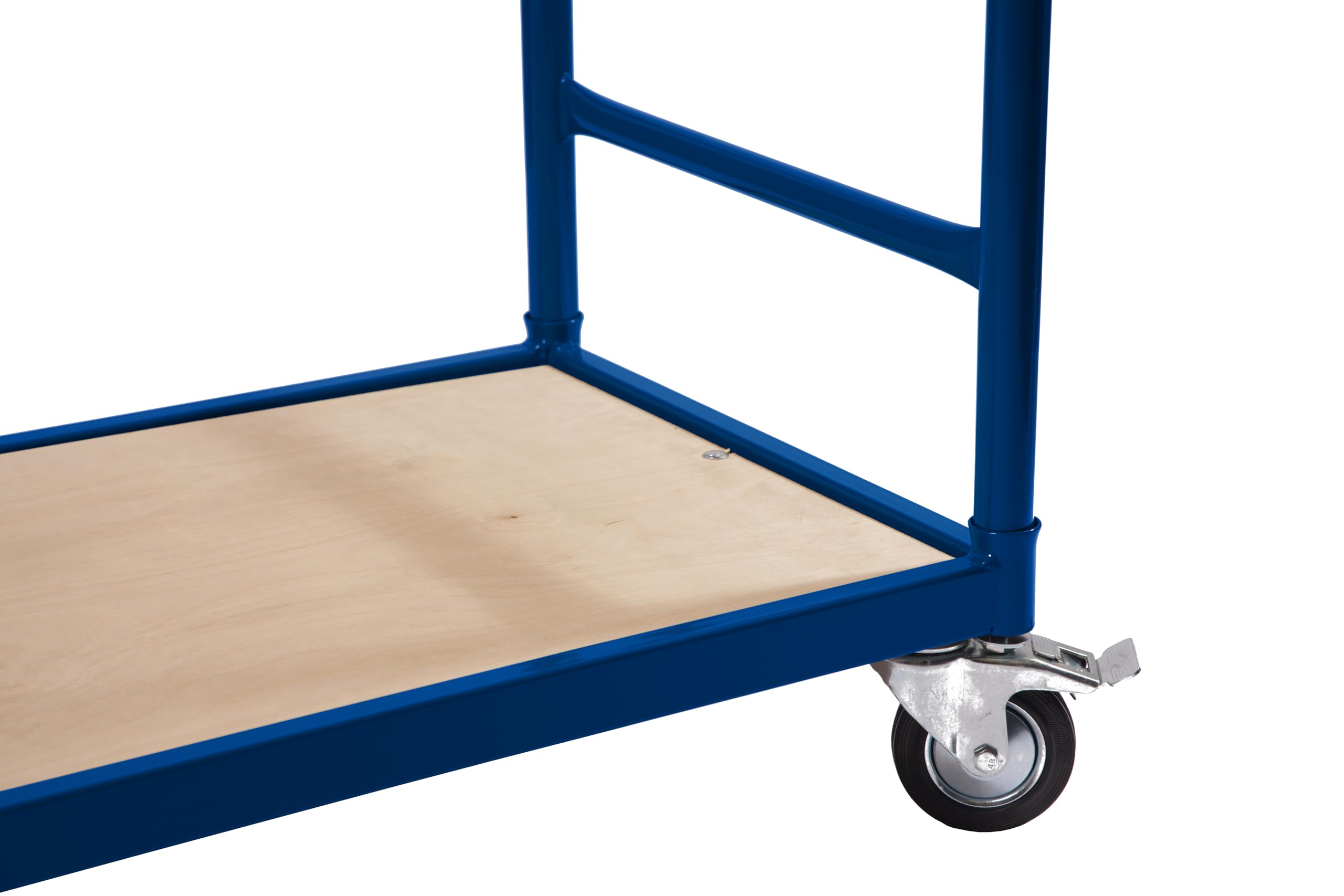 Plattformwagen Alina - 250 kg Traglast – Transportwagen blau mit Holzplattform & 4 Rollen mit Bremse – Werkstattwagen Lagerwagen mit 2 Schiebebügeln