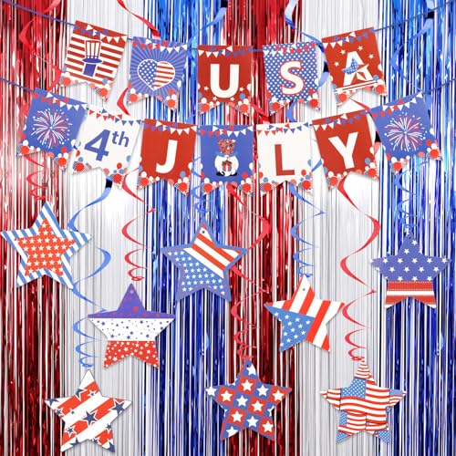 Image of 4th of July Decorations Set Red White and Blue Decorations, Including LOVE USA Banner Foil Fringe Curtains Hanging Swirls for America Patriotic Party, Memorial Day, Independence Day, Labor Day