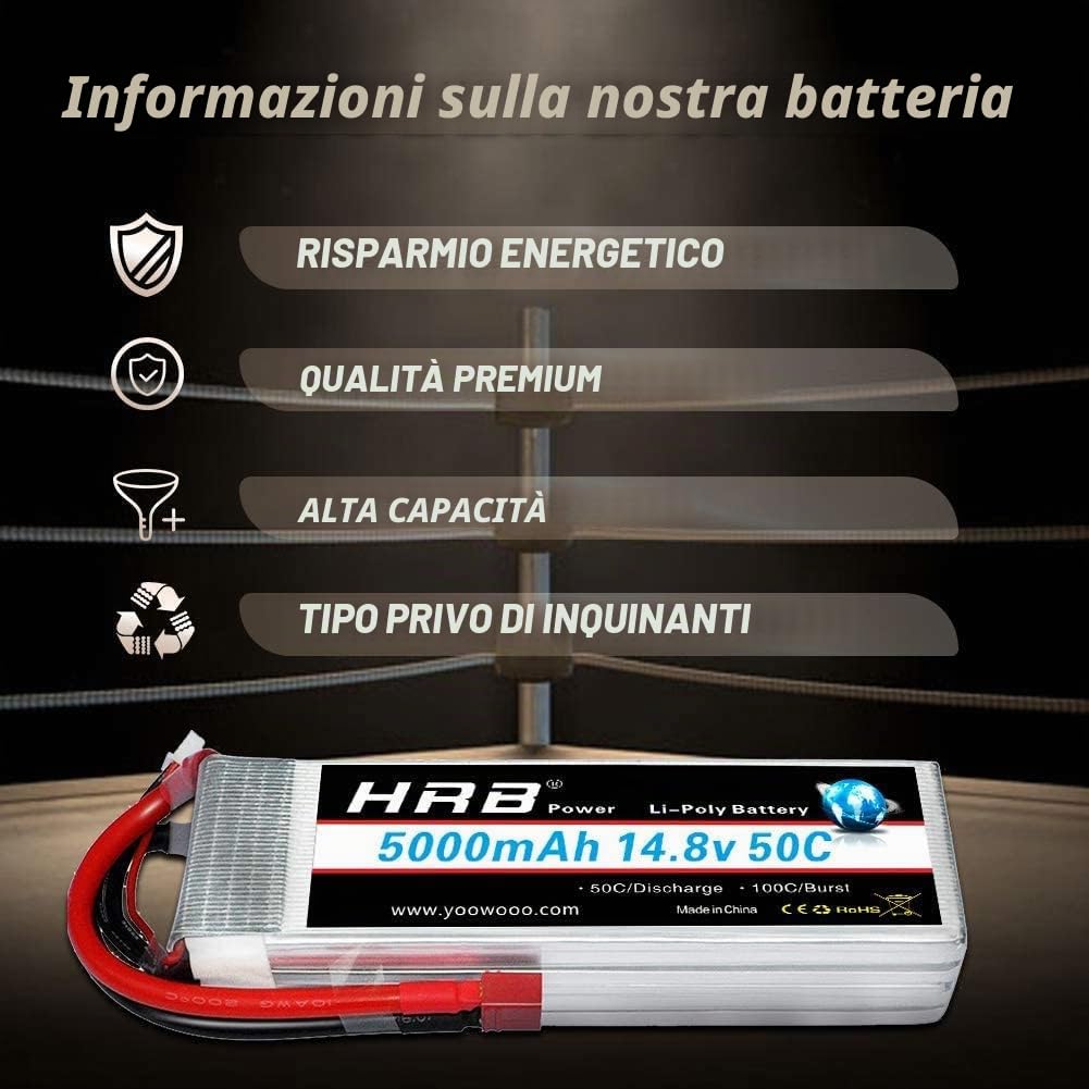 HRB 5000mAh 14.8v 50C 4S Batteria LiPo per Elicottero Aereo FPV quadcopter Drone Nero Ricambi RC Auto