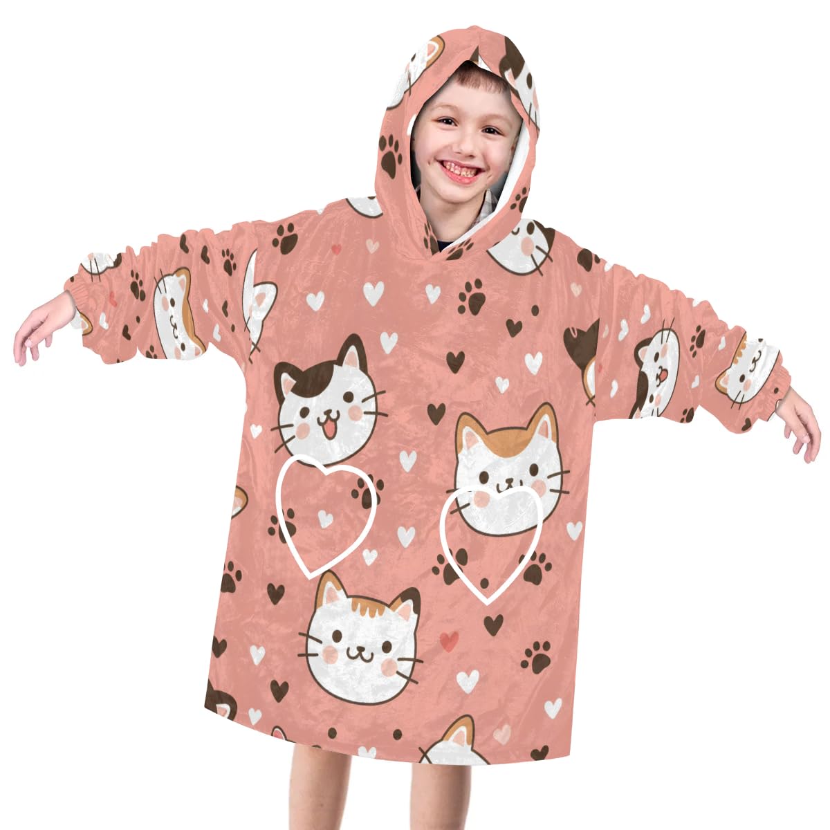 Wearable Blanket Hoodie for Kids, Cute- Cats Fleece Sweatshirt Blanket Oversized Blanket Sweatshirt with Pocket Flannel Warm Hooded Blanket 6-10 Year Old Girl Boy Gift, One Size
