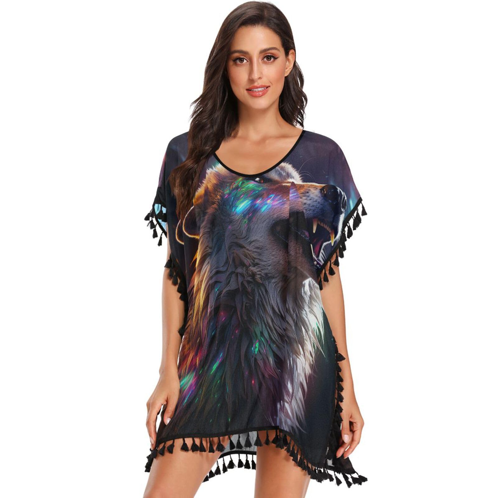 Abstract Roar Wolf Black Space Women's Beach Cover Up Chiffon Tassel Swimwear Swimsuit Coverups for Girl