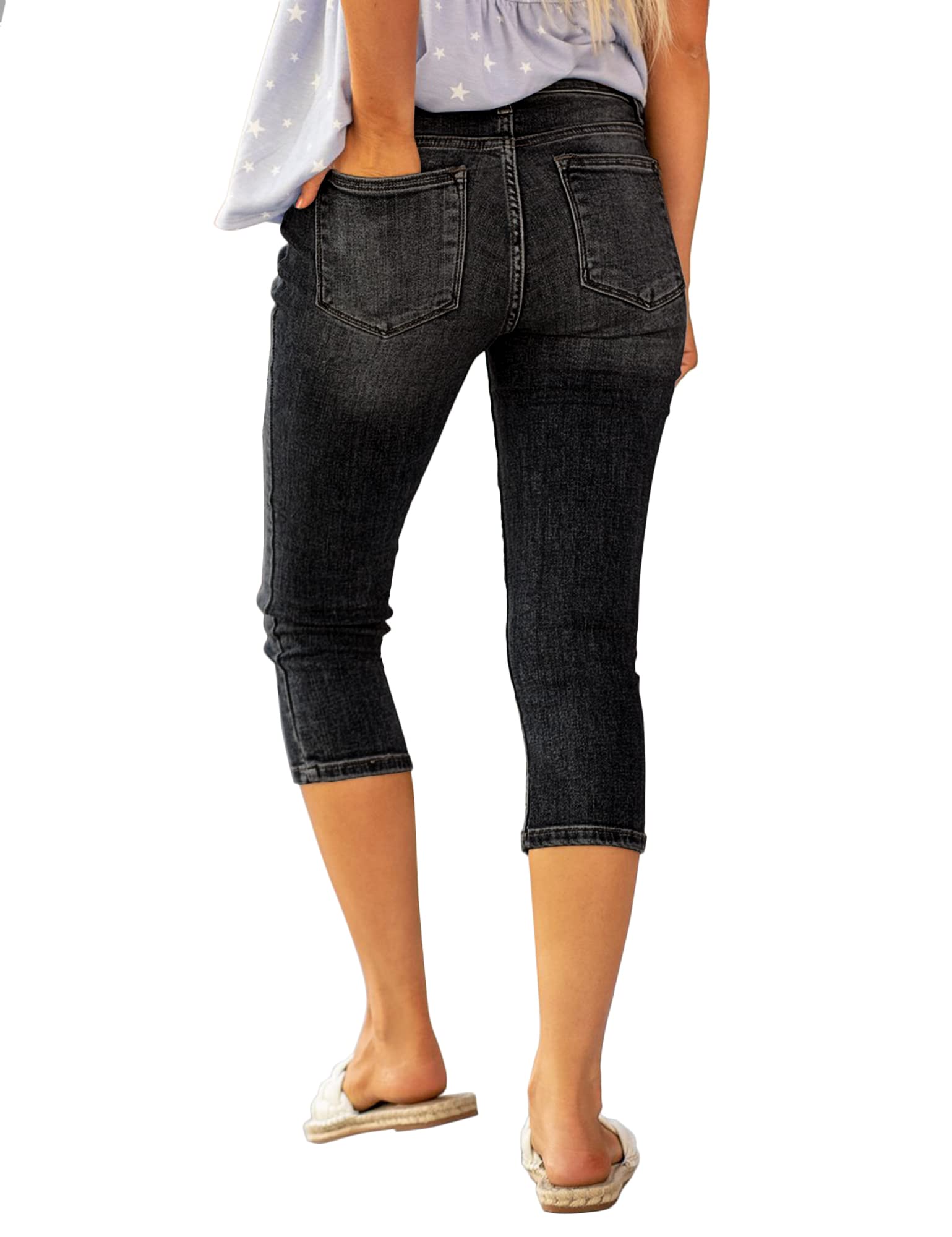 Roskiky Jean capri pour femme Taille haute Skinny Ripped Jean Denim Pantalon