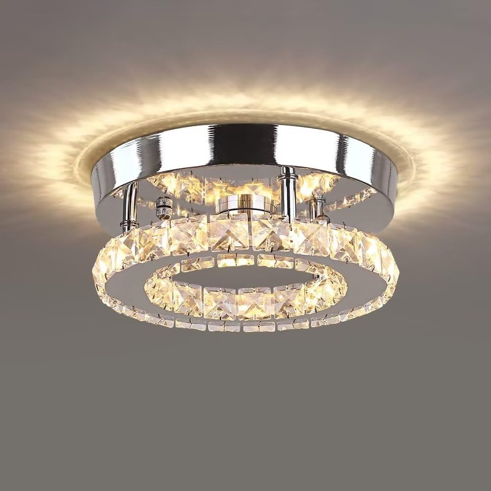 KLUFO Modern Crystal Chandelier LED Flush Mount Pendant Lighting Mini Ceiling Light Fixture for Living Room Bedroom Hallway Staircase Bar Kitchen (Warm White)