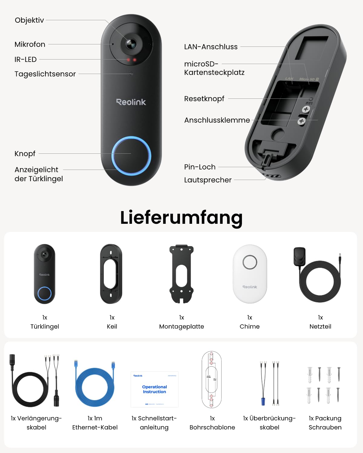 Reolink Video-Türklingel mit Chime, 5MP Ultra HD Kabelgebundene Türklingel mit Kamera, 2,4/5GHz WLAN, Personenerkennungsalarme, 180° Ultraweitwinkel, 2-Wege-Audio, Fernzugriff, Video Doorbell WiFi